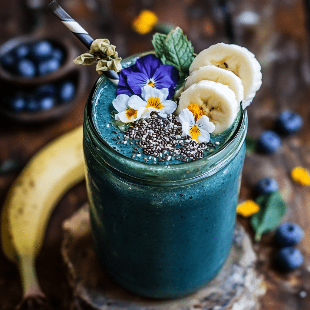 Blue Matcha – A spoonful of butterfly pea powder next to a glass of vivid blue matcha tea, surrounded by dried butterfly pea flowers.