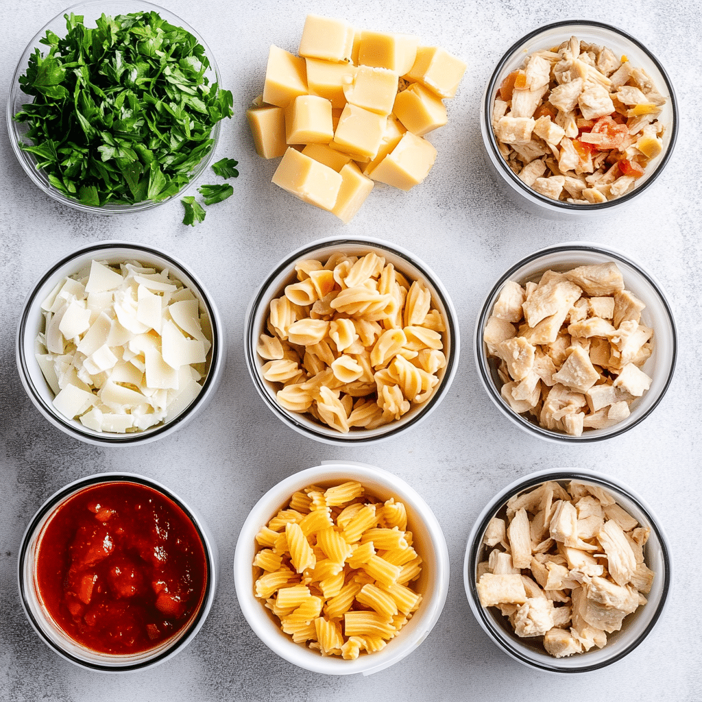 Ingredients for Air Fryer Mini Casseroles – Bowls of shredded cheese, diced vegetables, cooked meat, and beaten eggs arranged on a kitchen counter.