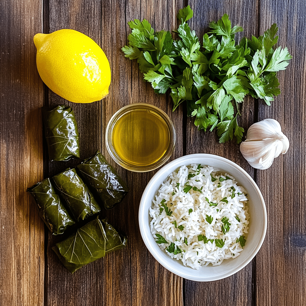 Ingredients for Air Fryer Dolma Bites – Grape leaves, cooked rice, chopped herbs, lemon, onion, olive oil, and spices laid out on a prep surface.