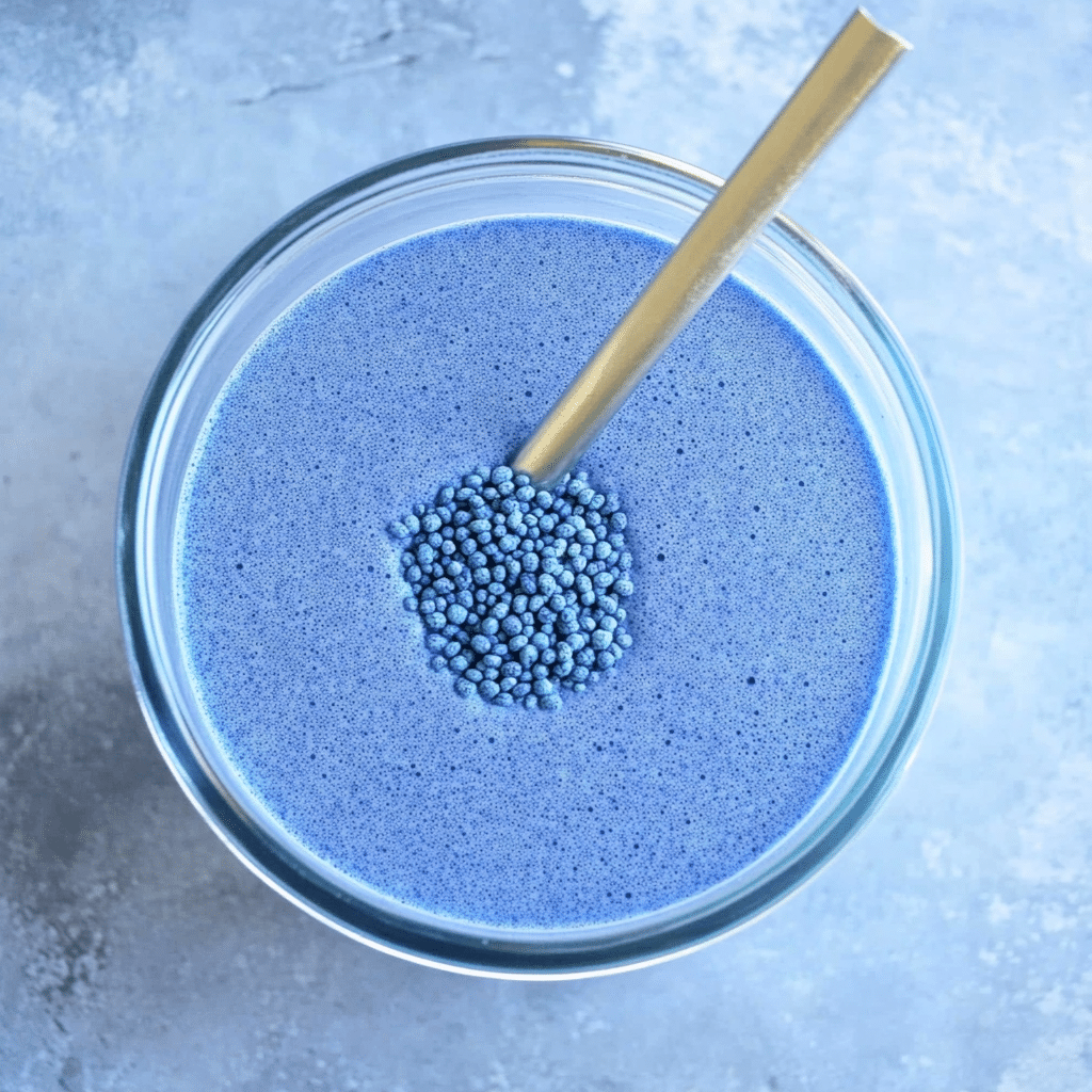 Ingredients for Healthy Blue Chia Pudding – Chia seeds, almond milk, butterfly pea powder, maple syrup, vanilla extract, and fresh blueberries arranged on a light background.