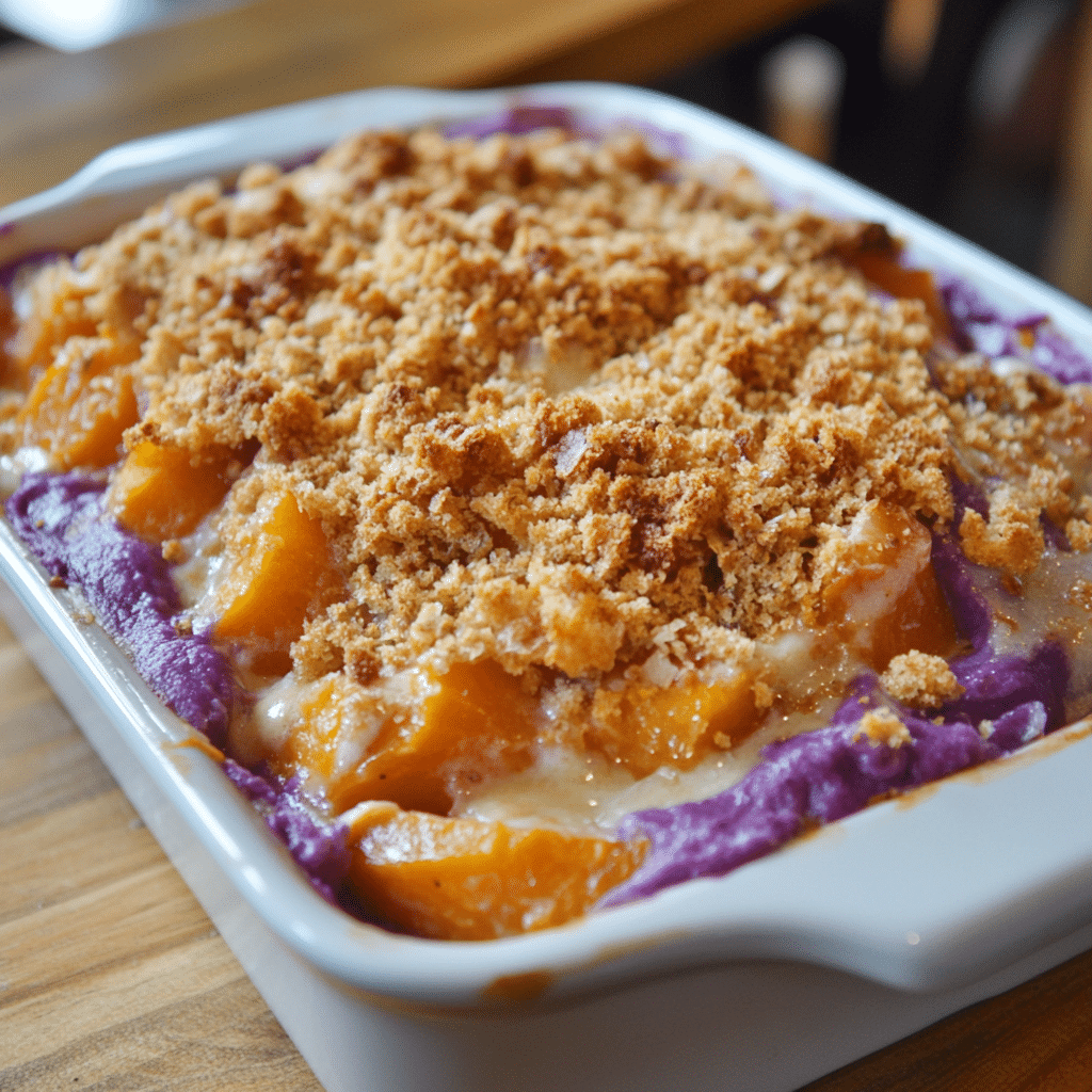 Ingredients for Ube Sweet Potato Casserole – Bowls of mashed ube, orange sweet potatoes, coconut milk, brown sugar, eggs, and marshmallows arranged neatly on a kitchen counter.