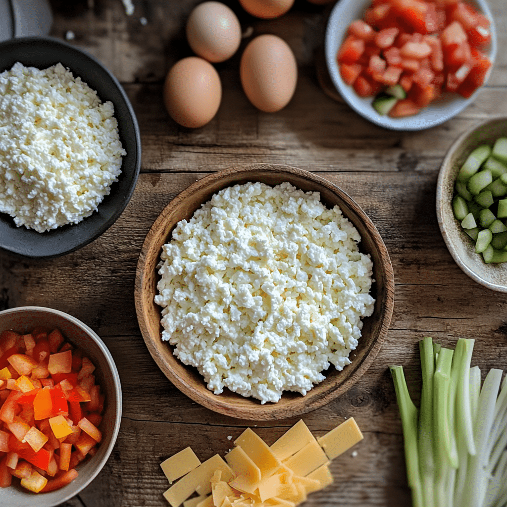 Ingredients for Viral Cottage Cheese Casserole – A spread of cottage cheese, eggs, shredded cheese, cooked pasta, and herbs arranged on a kitchen countertop.