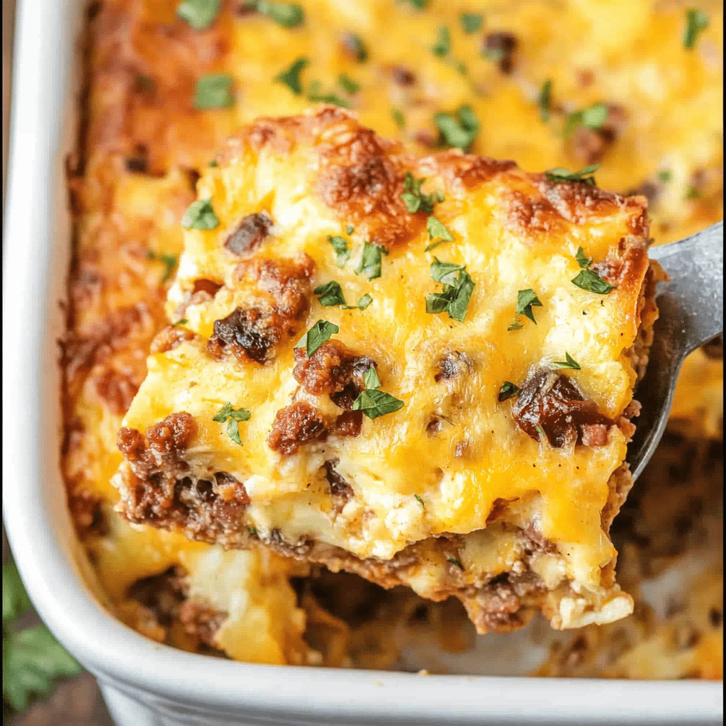 Low-Carb Taco Casserole Recipe – A bubbling, cheesy taco casserole topped with avocado slices, jalapeños, and fresh cilantro in a baking dish.