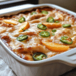 Spicy Peach Chicken Casserole – Baked chicken breasts glazed with peach sauce, surrounded by sliced peaches and jalapeños in a golden bubbling casserole dish.