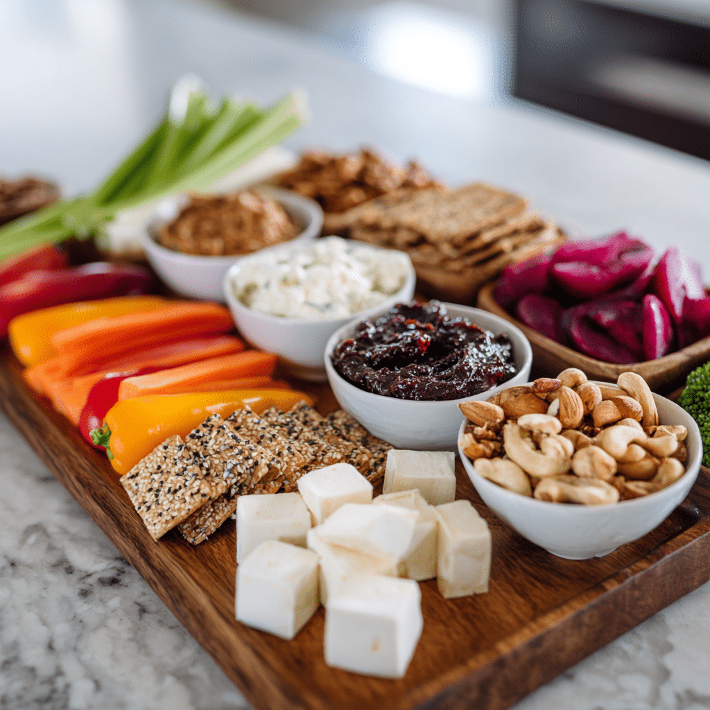 Vegan Charcuterie Cups – Individual plant-based snack cups with vegan cheese, crackers, fresh fruit, and vegetables arranged beautifully.