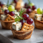 Vegan Charcuterie Cups – Individual cups filled with plant-based cheeses, fresh fruits, crackers, olives, and nuts arranged beautifully.