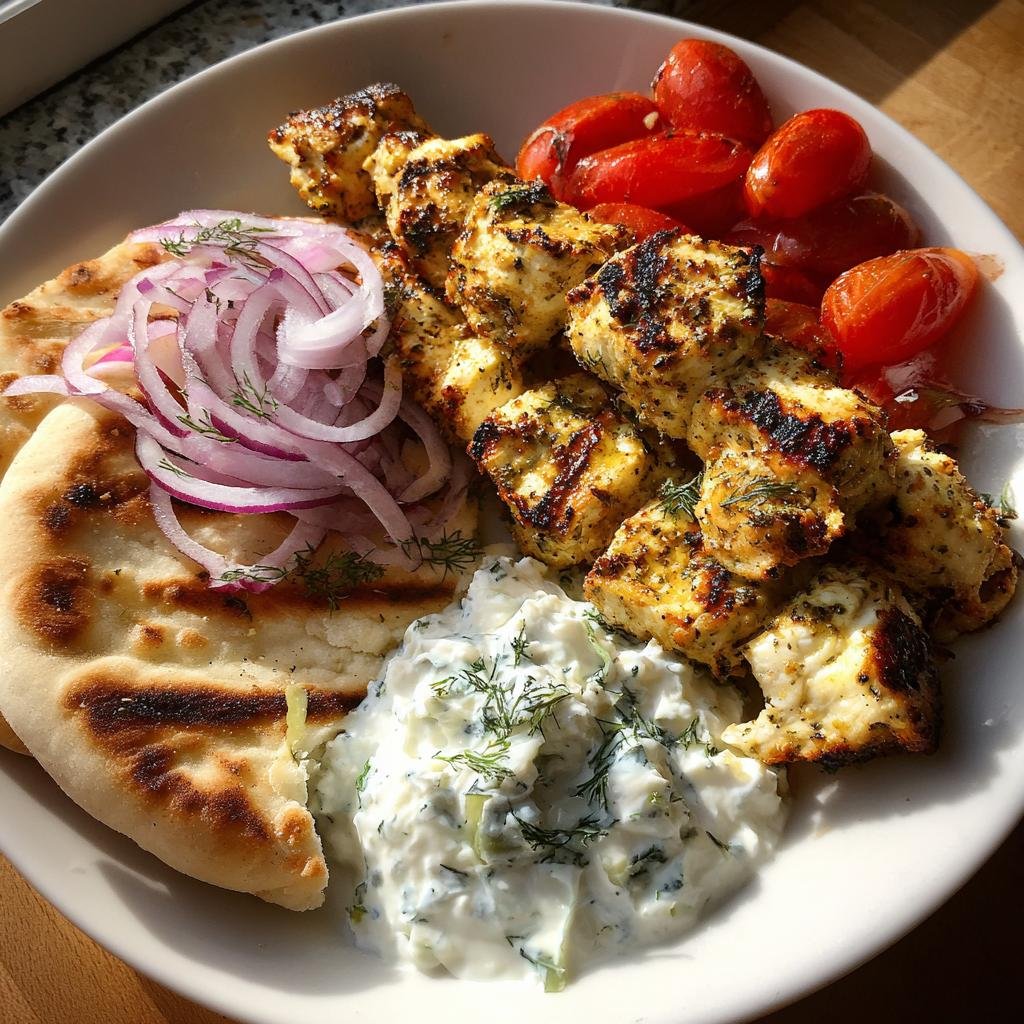 Air fryer Greek chicken souvlaki plates