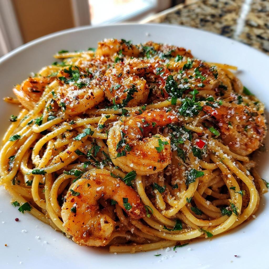 Brown butter lemon garlic shrimp pasta