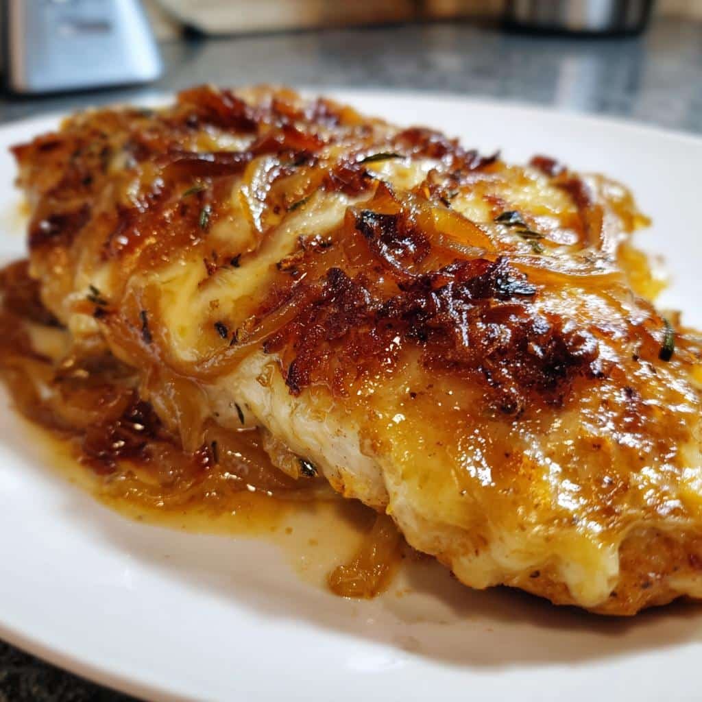 Caramelized onion parmesan chicken bake