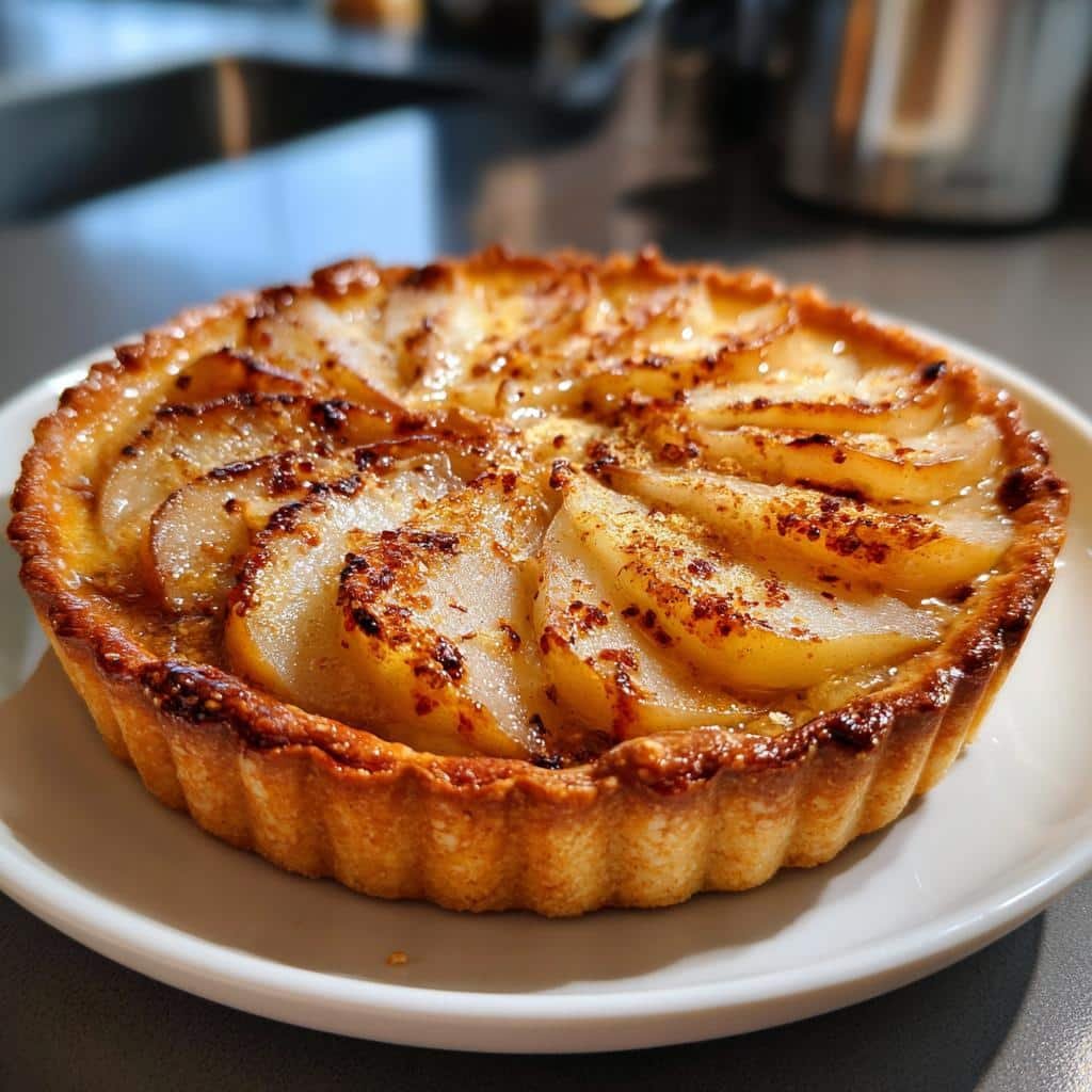 Hot honey roasted pear tart