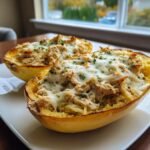 Pesto chicken spaghetti squash boats