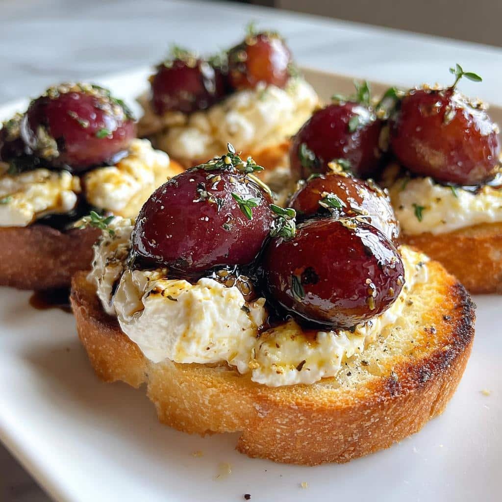 Roasted grape burrata crostini