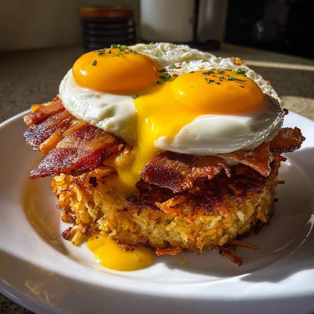 Air fryer bacon egg hash brown stacks