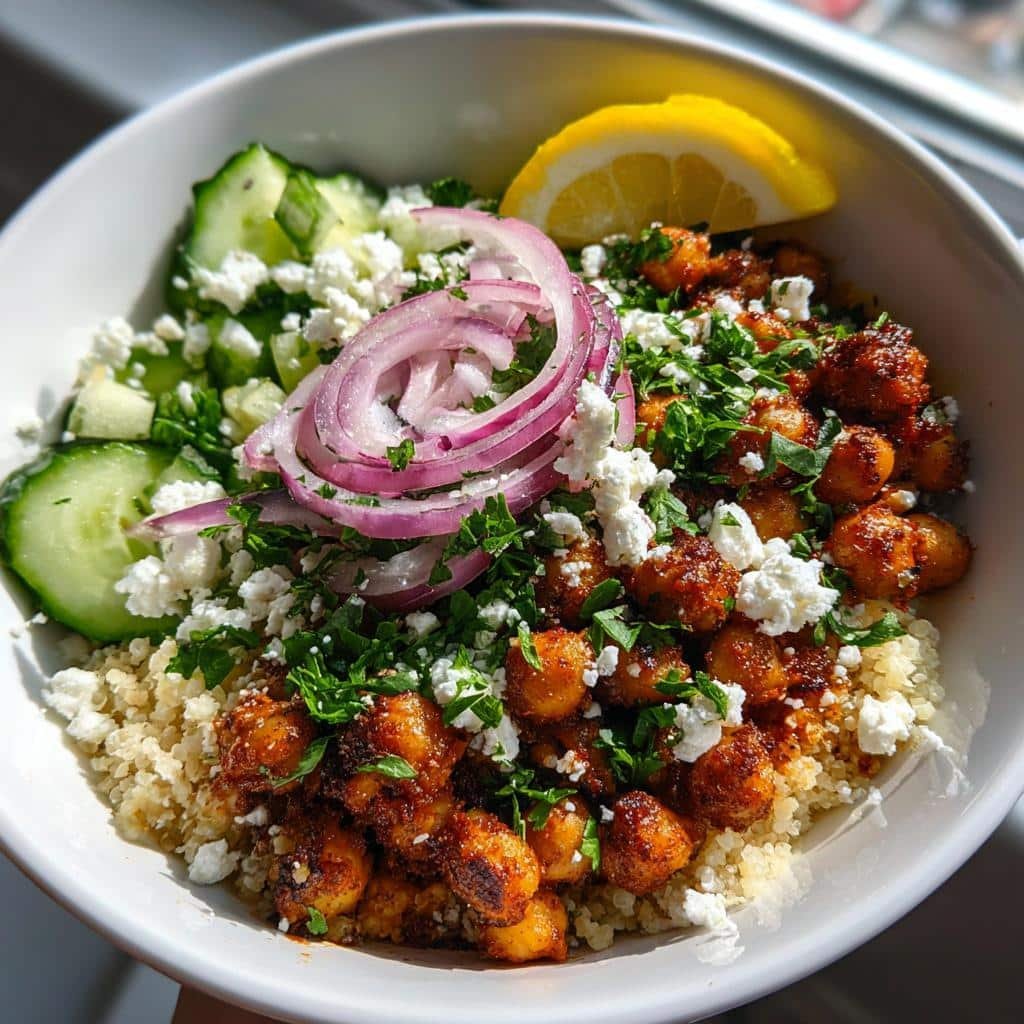 Air fryer harissa chickpea bowls