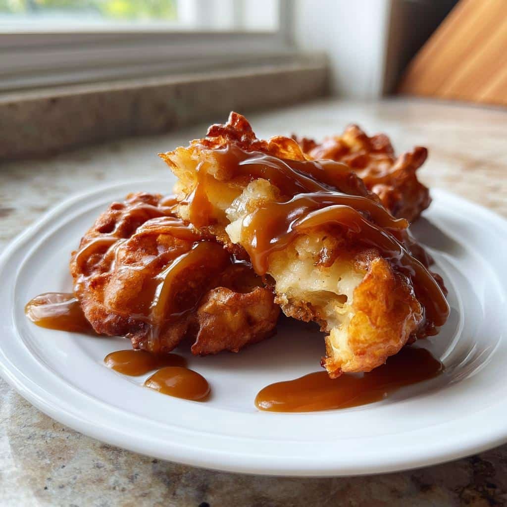 air fryer apple fritters with salted caramel sauce - detail 1