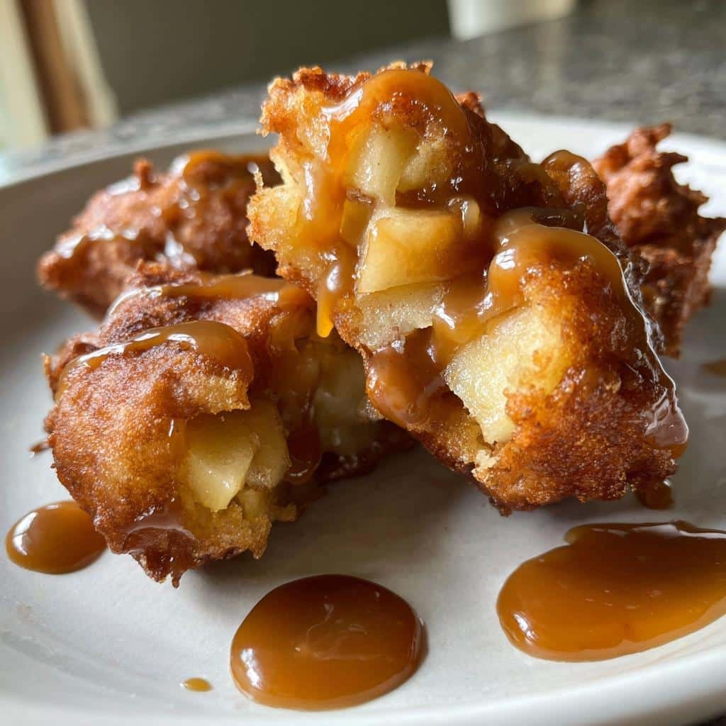 air fryer apple fritters with salted caramel sauce