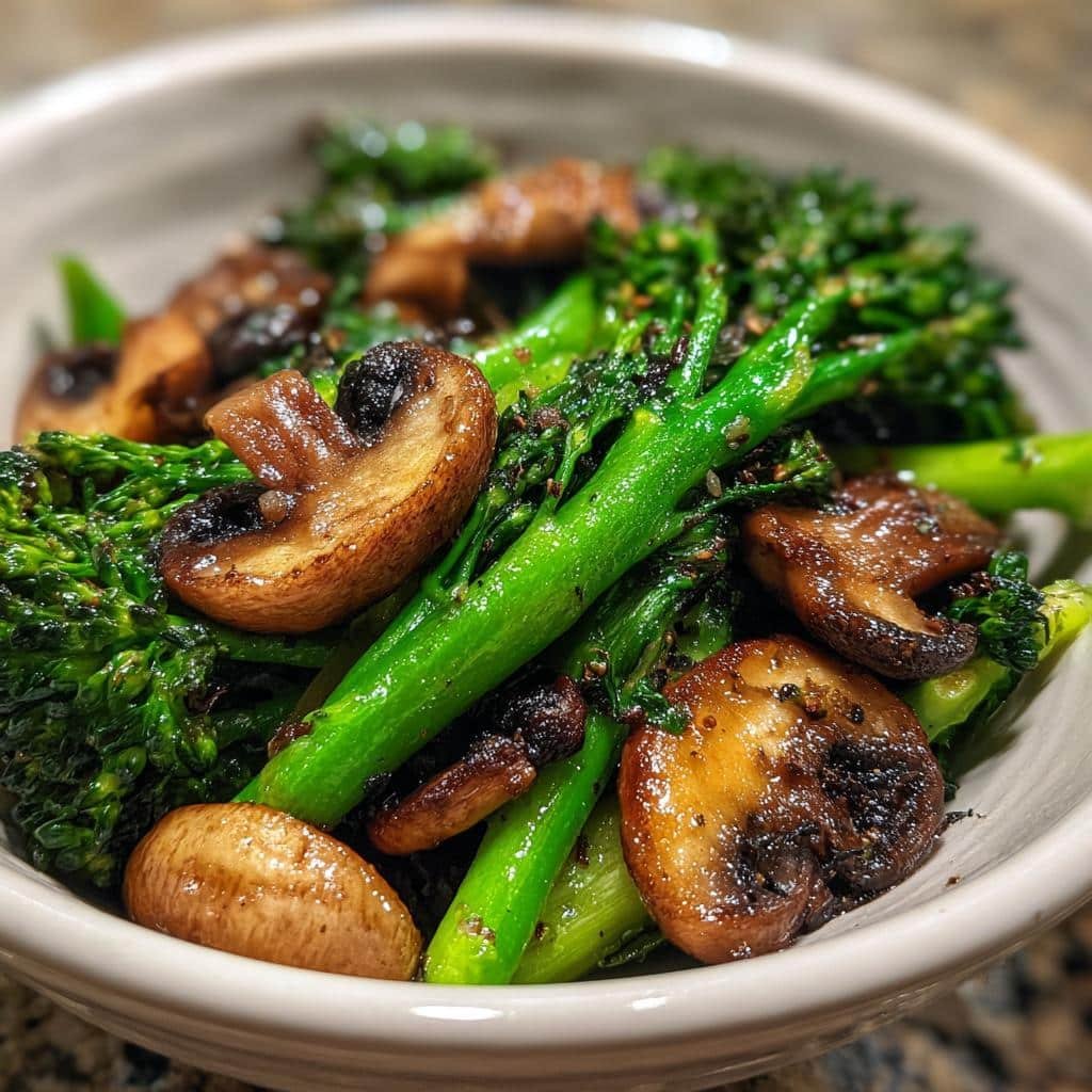 air fryer broccolini with mushrooms - detail 1