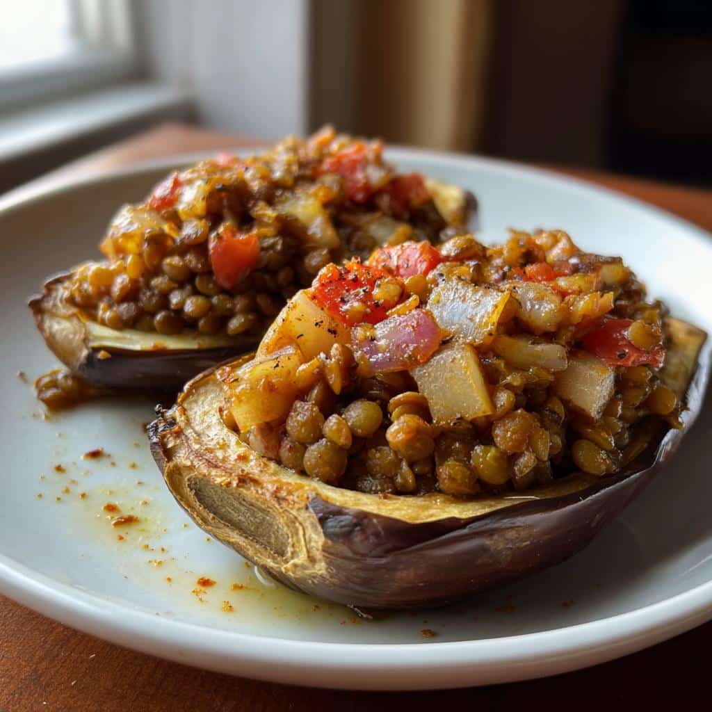 air fryer lentil stuffed eggplant - detail 1