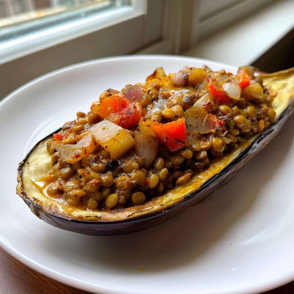 air fryer lentil stuffed eggplant