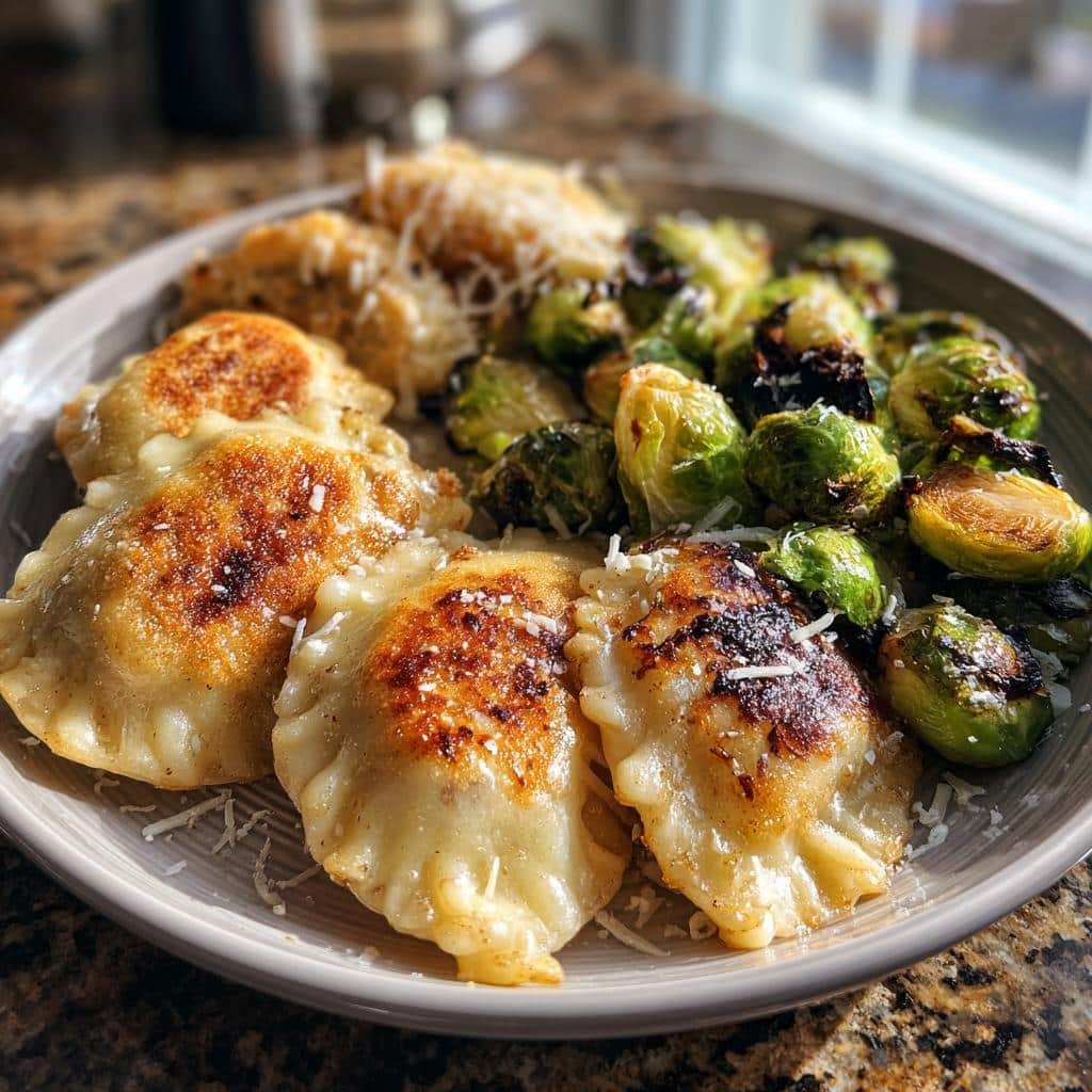 air fryer pierogies with brussels sprouts - detail 1
