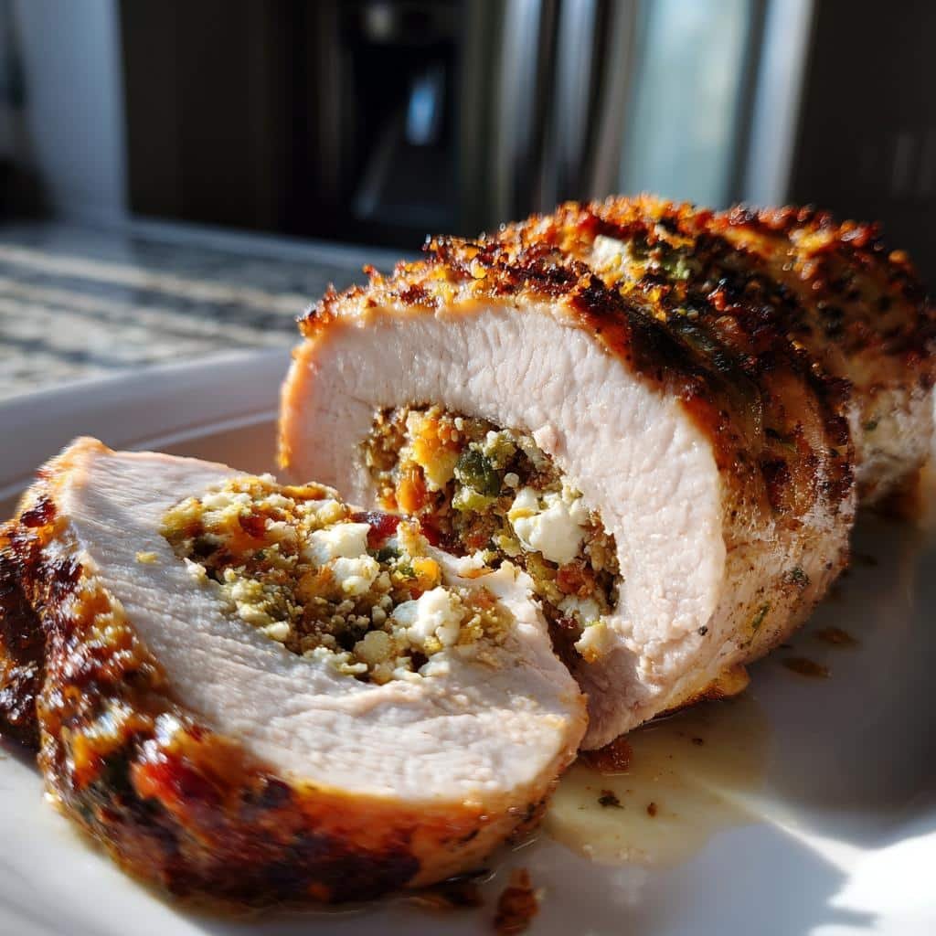 air fryer pork with apricot feta pistachio stuffing - detail 1