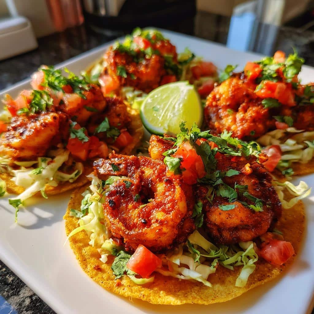 air fryer spicy shrimp tacos - detail 1
