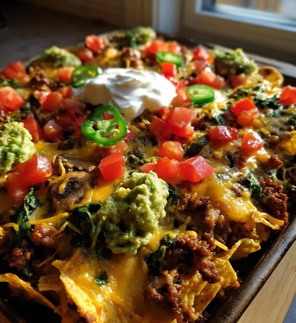 sheet pan nachos ground beef spinach and mushrooms - detail 1