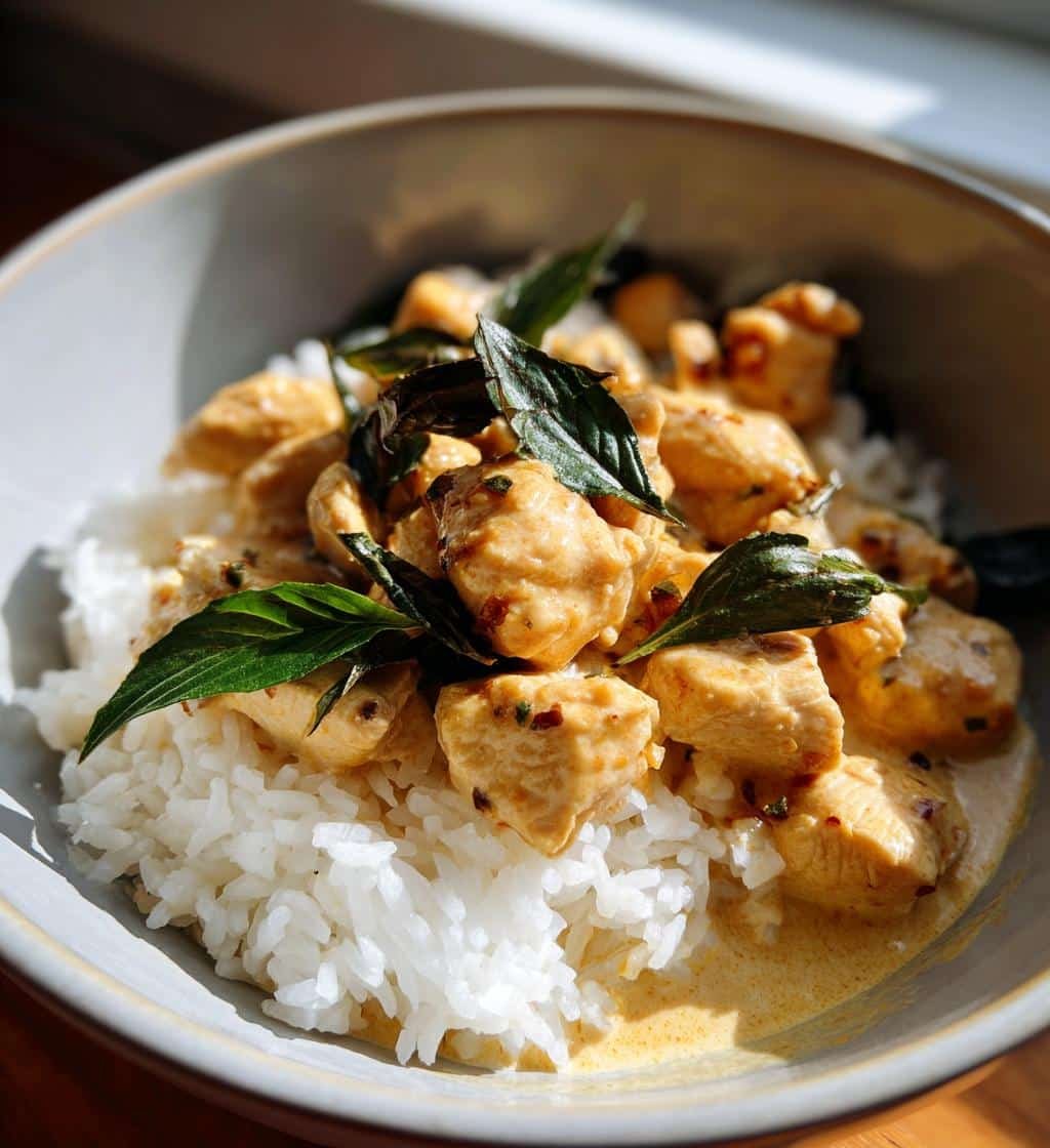aromatic spiced coconut basil chicken with rice comfort bowl - detail 1