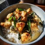 aromatic spiced coconut basil chicken with rice comfort bowl