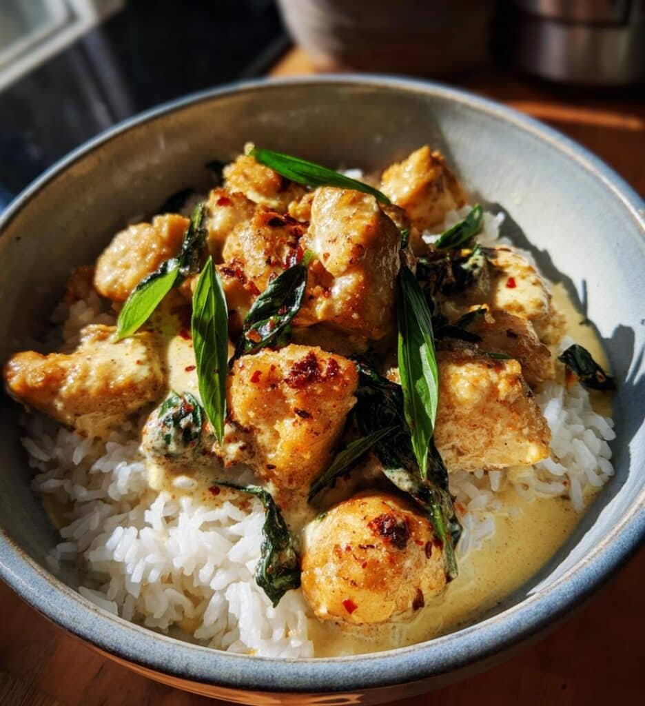 aromatic spiced coconut basil chicken with rice comfort bowl