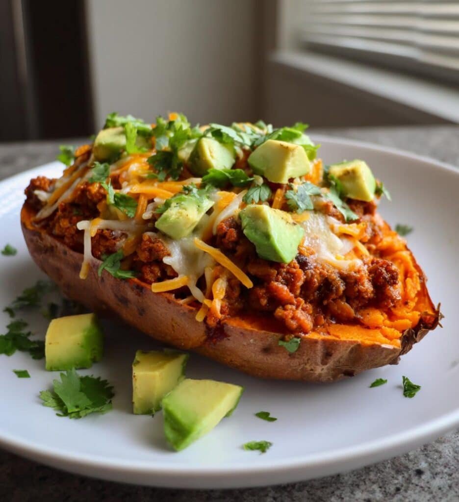 avocado turkey chili stuffed sweet potatoes