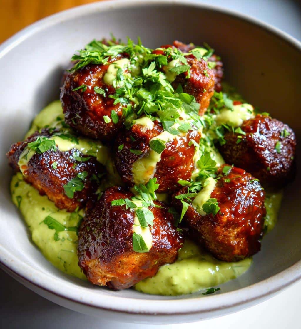 barbecue meatball bowls with avocado goddess sauce - detail 1