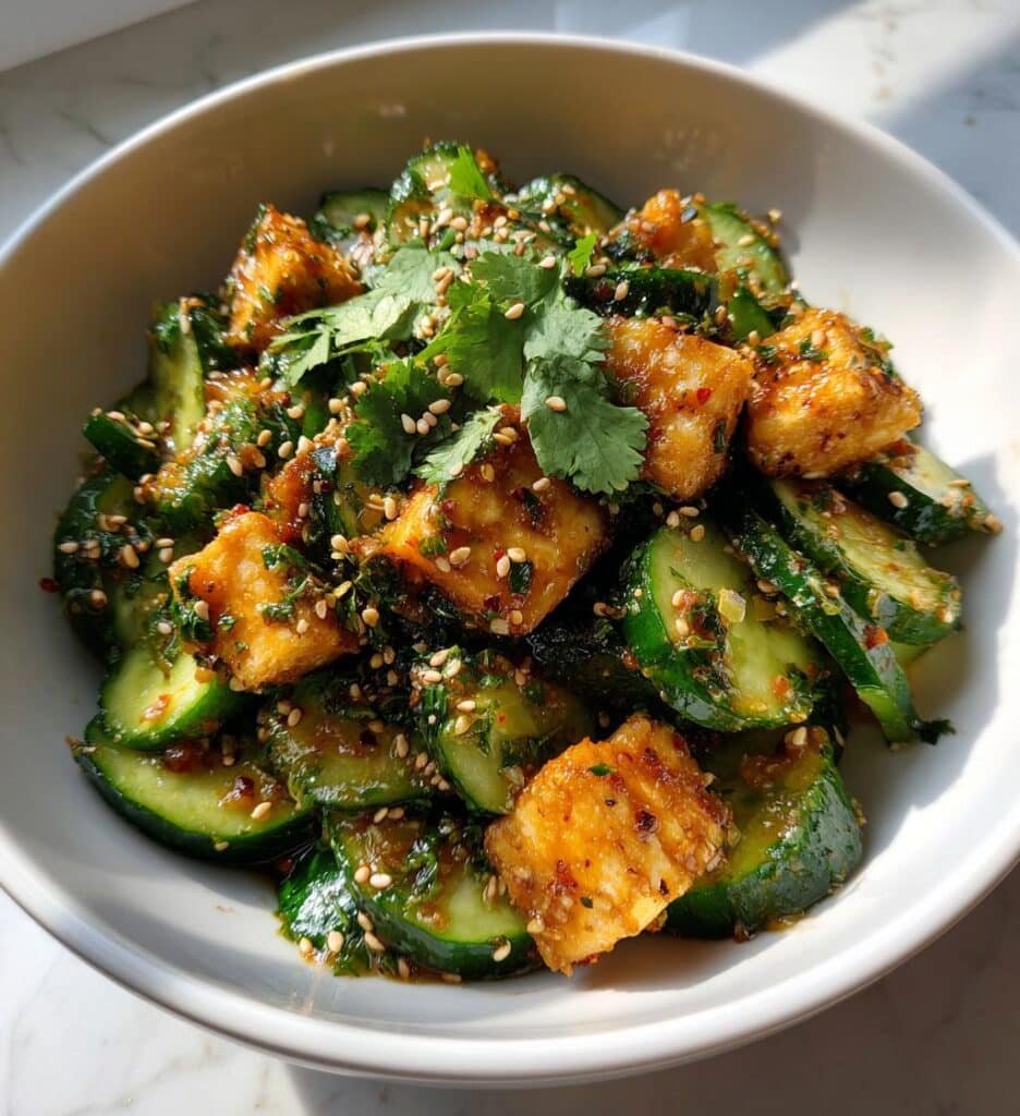 creamy asian cucumber salad with crispy tofu