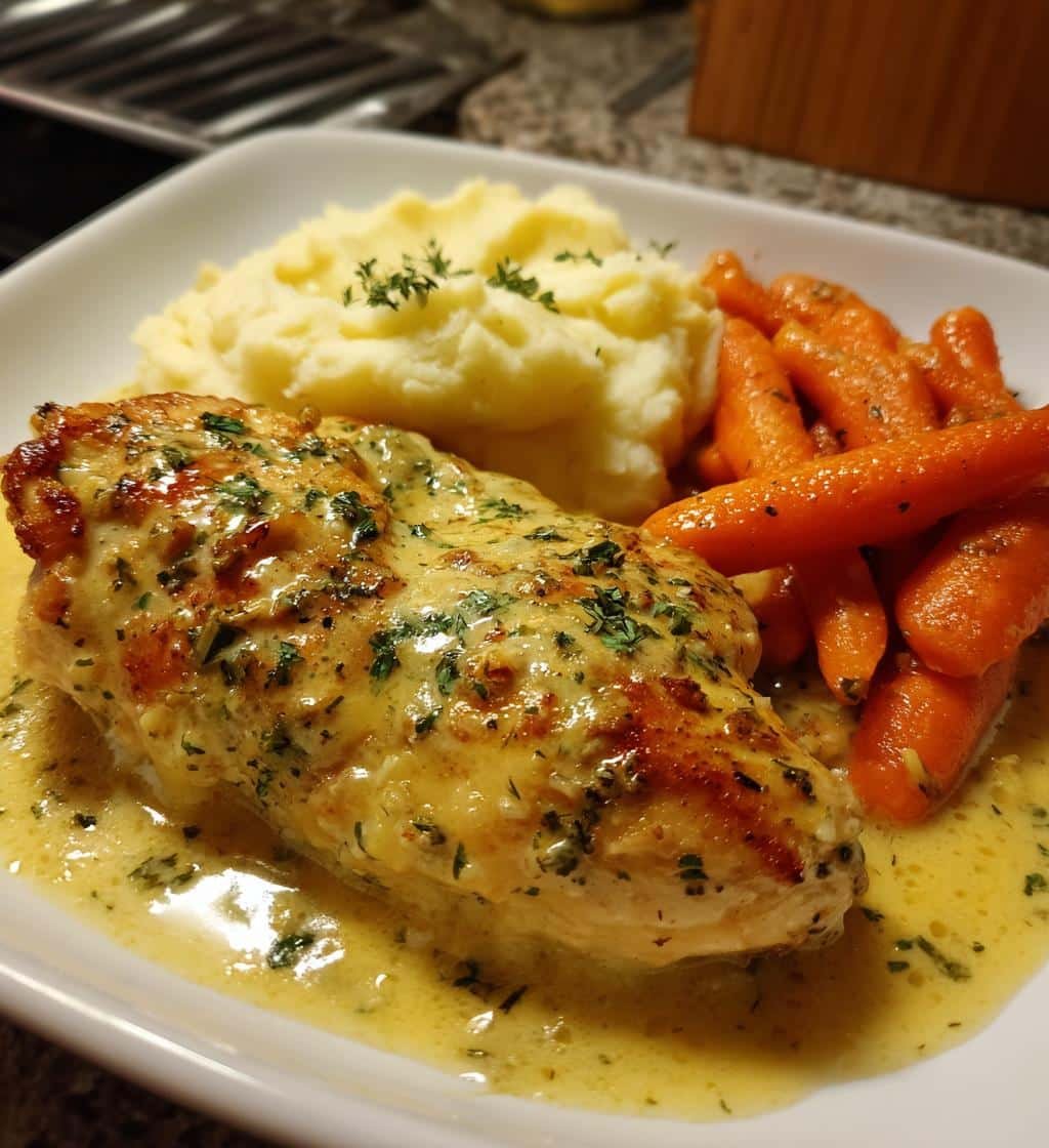 creamy herb chicken with mashed potatoes and glazed carrots - detail 1
