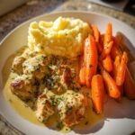 creamy herb chicken with mashed potatoes and glazed carrots