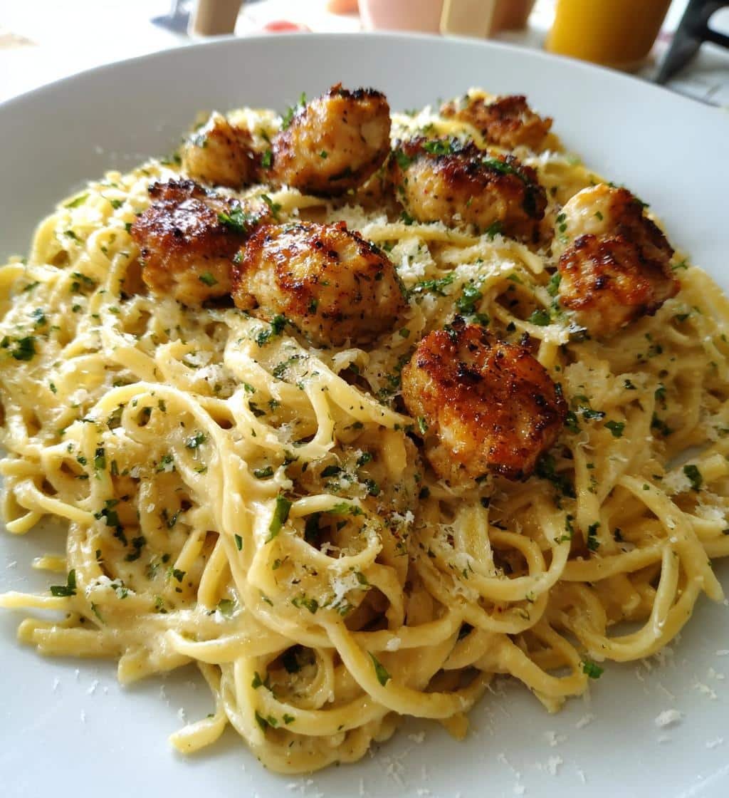 creamy parmesan pasta with garlic butter chicken bites - detail 1