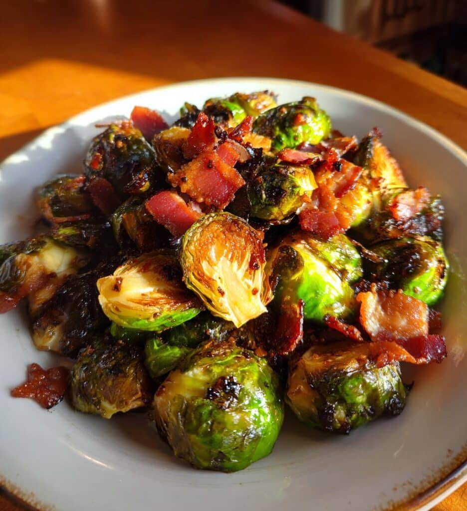 crispy balsamic maple roasted brussels sprouts with bacon