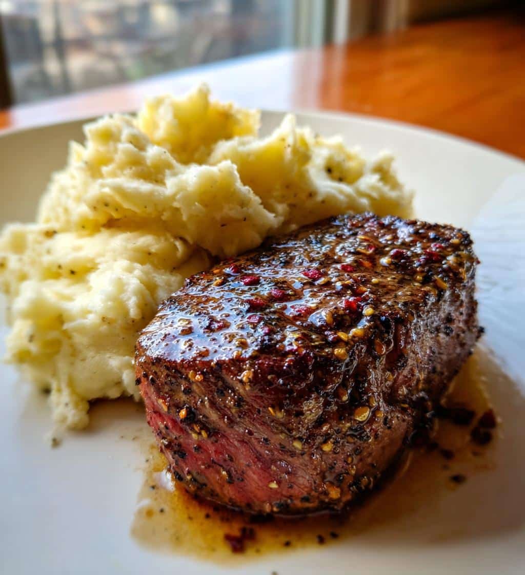 garlic pepper steak medallions with buttery mashed potatoes - detail 1