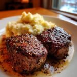 garlic pepper steak medallions with buttery mashed potatoes