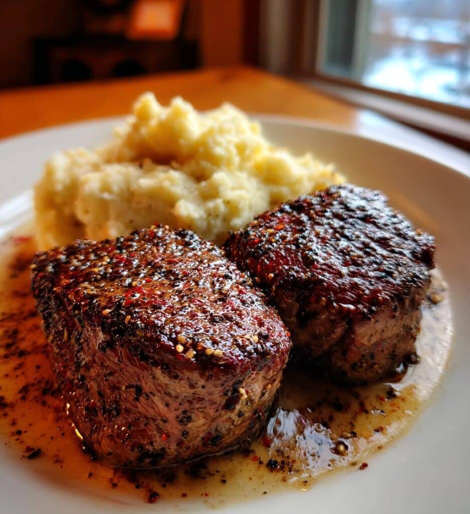 garlic pepper steak medallions with buttery mashed potatoes