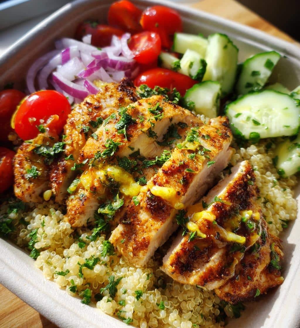 healthy lemon garlic chicken meal prep bowls - detail 1
