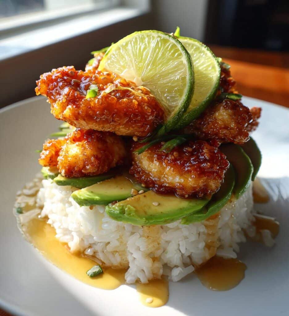 honey lime chicken avocado rice stack 2