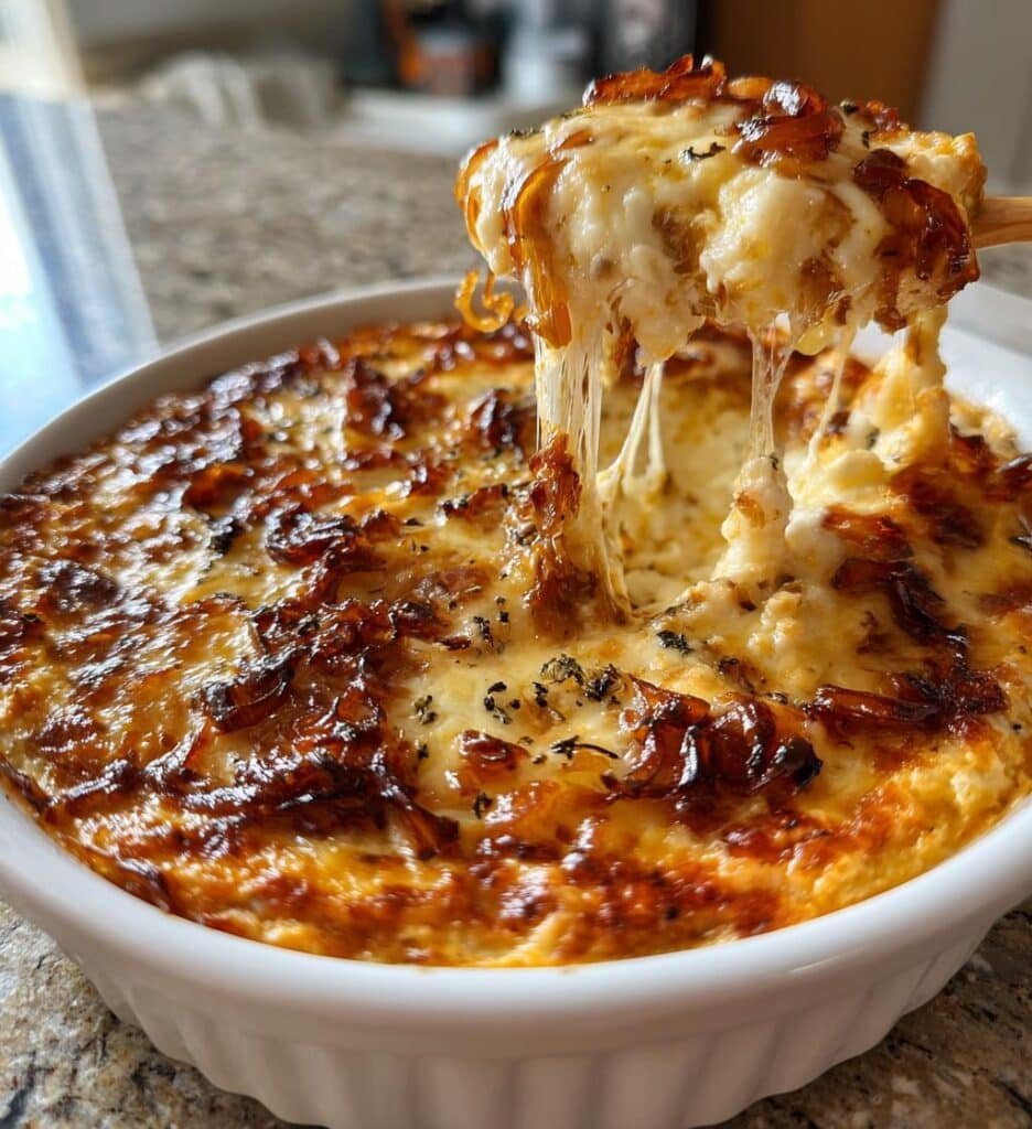 jammy hot caramelized onion dip with gruyere