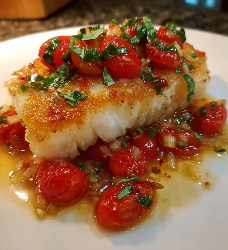 pan seared cod in white wine tomato basil sauce