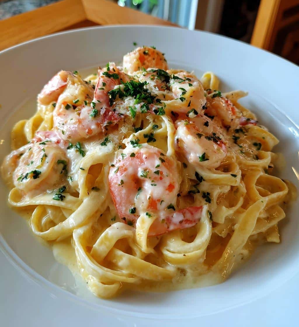 savory creamy shrimp fettuccine pasta with homemade alfredo sauce - detail 1