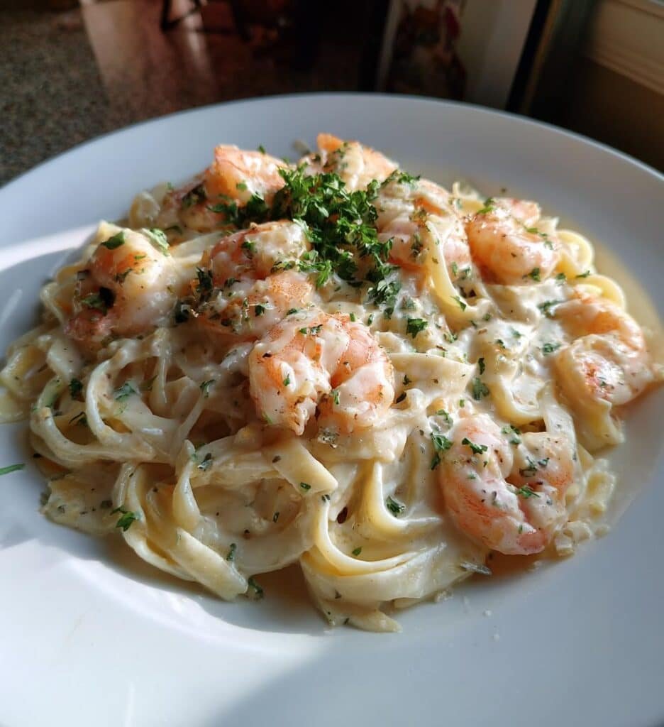 savory creamy shrimp fettuccine pasta with homemade alfredo sauce