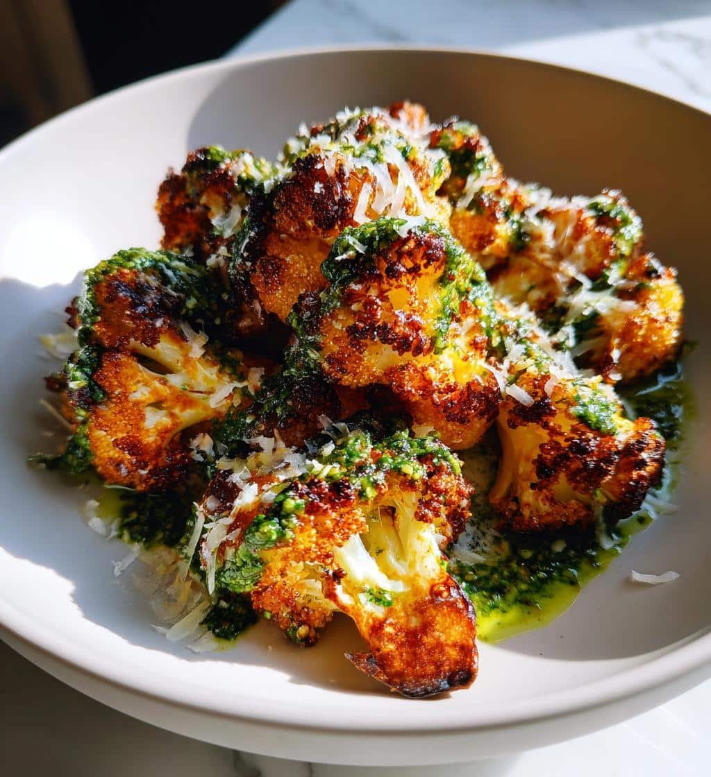 savory roasted cauliflower with parmesan and pesto - detail 1