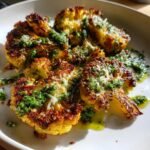 savory roasted cauliflower with parmesan and pesto