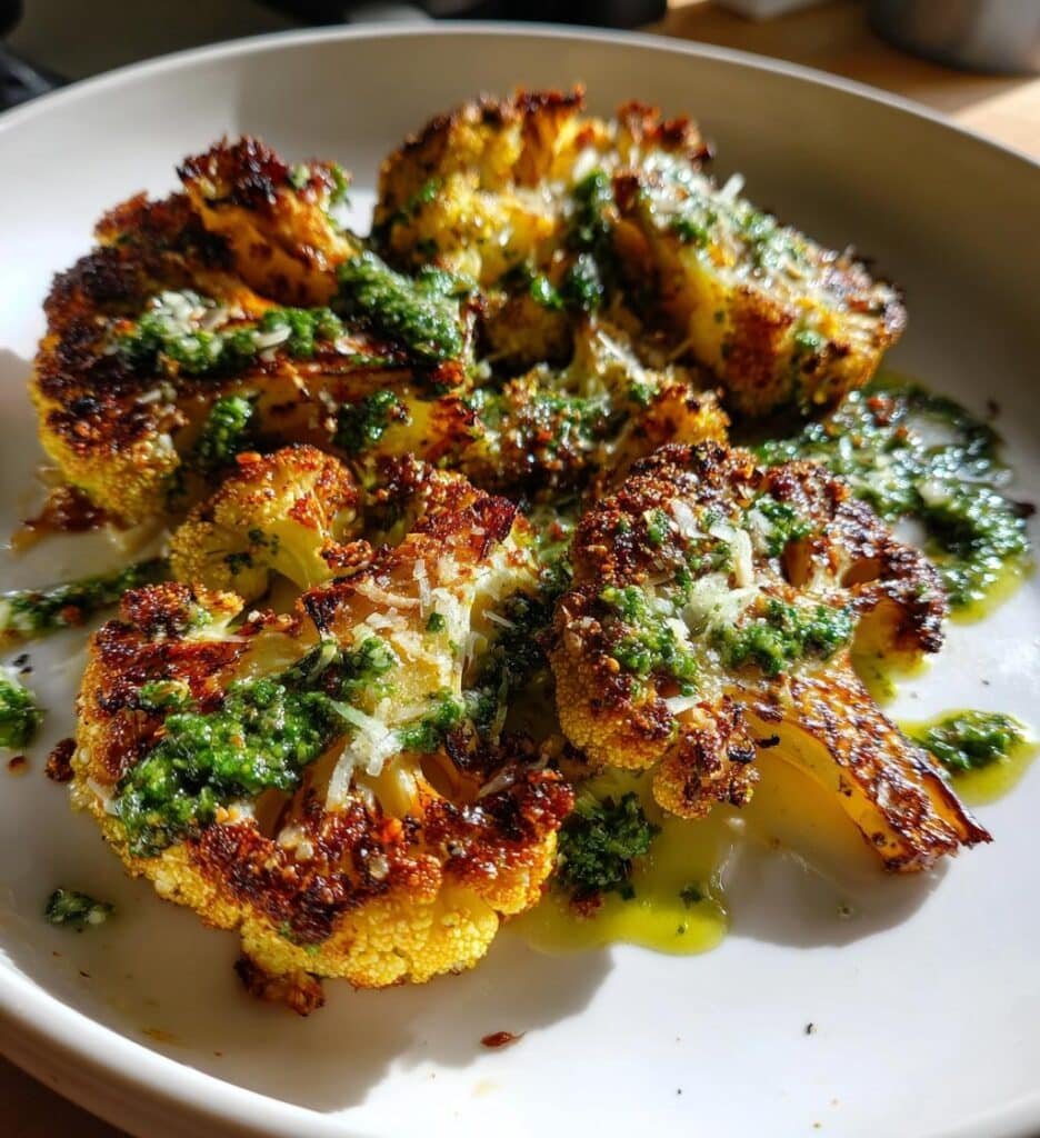 savory roasted cauliflower with parmesan and pesto
