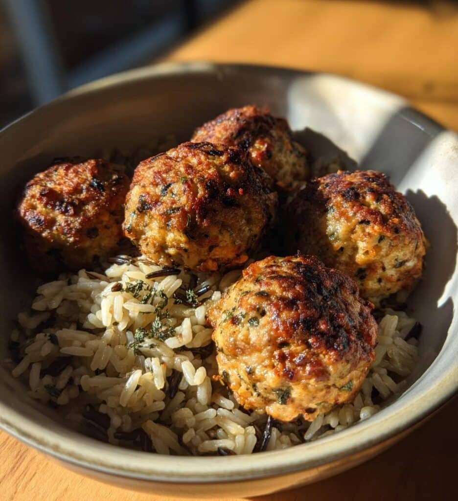 savory sage chicken meatballs wild rice bowls recipe
